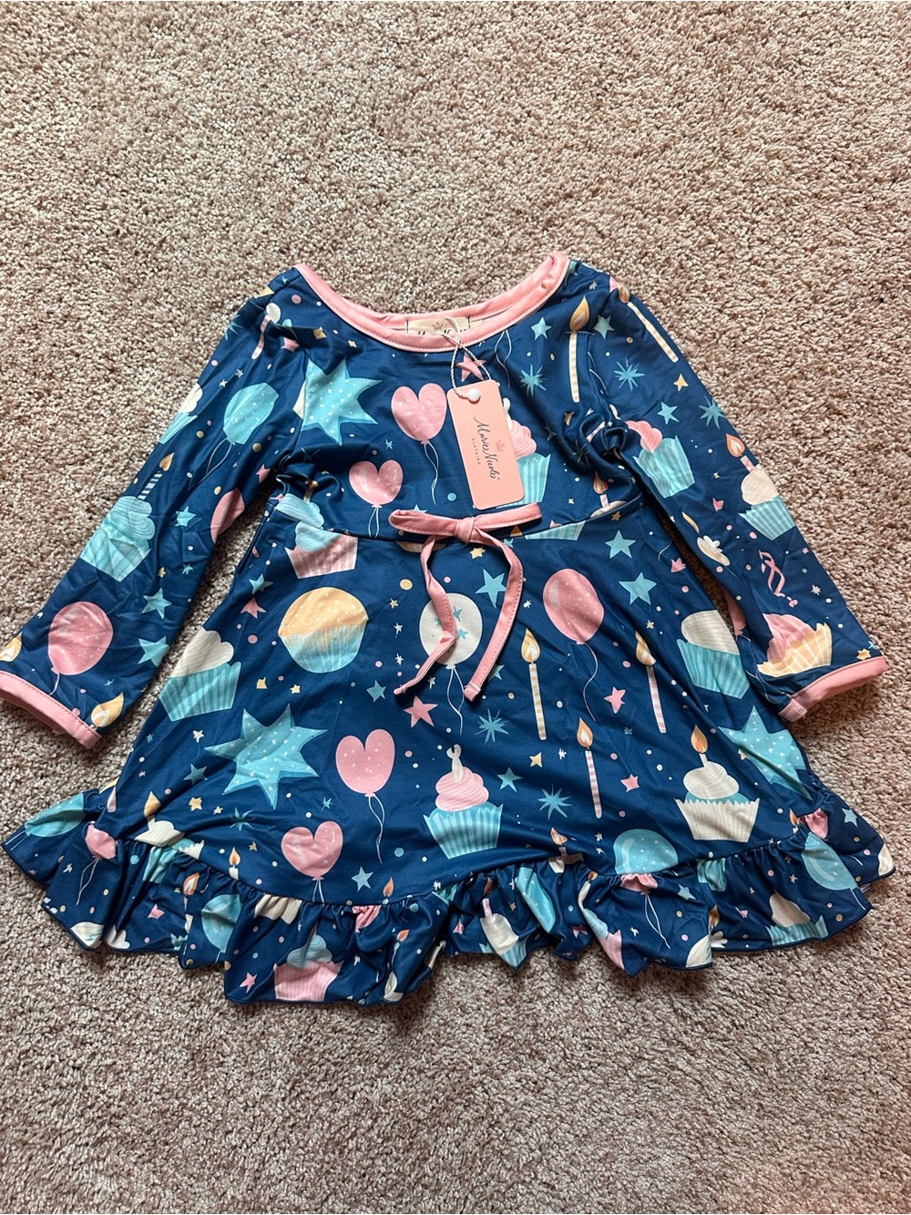 NWT Marie Nicole Clothing Birthday Cupcakes Long Sleeve Girls Dress Size XS